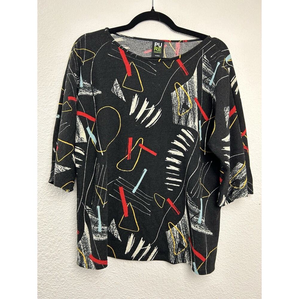 Pure Essence Urbanology Top Size S/P Black White Abstract V Neck‎ 3/4 Sleeve Art
